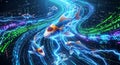 Futuristic Koi Fish Swim Through Digital Stream of Binary Code and Blue Energy Royalty Free Stock Photo