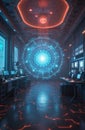 Futuristic lab with holographic display and computers. Sci-fi room has glowing circle and data screens. Advanced tech experiment Royalty Free Stock Photo