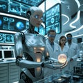 AI-Crafted Humanoid Robot in Futuristic Lab with Scientists and Interactive Technology