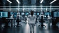 Futuristic lab, humanoid robots are analyzing data in stateoftheart facility
