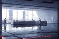 Futuristic lab interior, scientists at work, city view Royalty Free Stock Photo