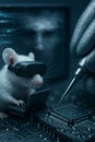 Futuristic lab mouse using a tiny laptop and VR headset in a brain-computer interface experiment Royalty Free Stock Photo