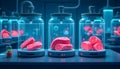 Futuristic Lab-Grown Meat in Glass Containers with Advanced Blue Light Technology Royalty Free Stock Photo