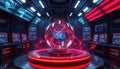 Futuristic lab shows quantum entanglement model. Interactive digital models display particle interactions. Advanced tech in