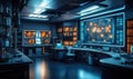Futuristic laboratory with advanced technology and data visualization displays Royalty Free Stock Photo
