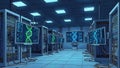 A futuristic laboratory with computer screens displaying DNA sequences and robotic equipment Royalty Free Stock Photo