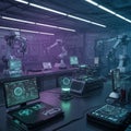 Futuristic laboratory featuring robotic arms and multiple holographic screens.