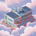 Futuristic laboratory floating in the sky, surrounded by clouds. The Royalty Free Stock Photo