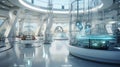 A futuristic laboratory with high-tech equipment and glass walls