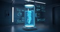 Futuristic laboratory with a large glass dome machine containing a blue-lit water container floating inside a dark blue Royalty Free Stock Photo