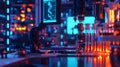 Futuristic laboratory scene with vibrant lighting showcases advanced biotechnology. The microscope is ready for exploration and Royalty Free Stock Photo