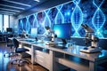 A futuristic laboratory setup with DNA helix models, microscopes, and futuristic screens displaying genomic data, highlighting Royalty Free Stock Photo