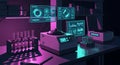 Futuristic laboratory with three computer monitors displaying graphs and charts alongside scientific equipment in a dark purple Royalty Free Stock Photo