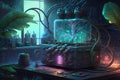 futuristic laboratory where creatures made out of metal and wires are being created and tested, with glowing tubes and wires