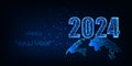 Futuristic 2024 landing page template with 2023 digits and planet Earth map on dark blue background.