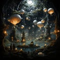 Futuristic landscape, bubbles, mushrooms, unusual shapes, strange plants, Royalty Free Stock Photo