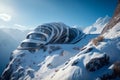 Futuristic landscape with a building of future architecture high in snow mountains Royalty Free Stock Photo