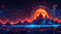 Futuristic landscape with digital mountains and neon grid. Sci-fi terrain with glowing lava and data interface elements Royalty Free Stock Photo