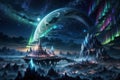 Futuristic landscape of an extraterrestrial city with a galaxy background Royalty Free Stock Photo