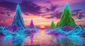 Futuristic landscape with neon mountains and vibrant sunset Royalty Free Stock Photo