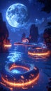 Futuristic Landscape with Glowing Rings and Moon Royalty Free Stock Photo