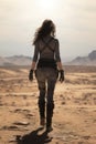 pretty young brunette woman wearing futuristic suite on a alien desert landscape. Royalty Free Stock Photo