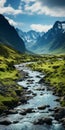 Futuristic Landscape: Serene Stream Amidst Green Grass And Mountainous Vistas