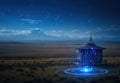 Futuristic Landscape with a Wooden Hut and a Digital Interface. Sci-Fi Scene with a Glowing Blue Circuit Board Effect. Serene Royalty Free Stock Photo