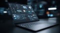 Futuristic laptop dark workspace user interface dashboard cyber security data technology screen glow modern Futuristic laptop Royalty Free Stock Photo