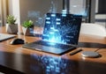 Futuristic Laptop with Digital Data Visualization in Modern Workspace Royalty Free Stock Photo