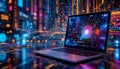 Futuristic laptop with digital holographic interface. technology abstract background. laptop digital. high-tech innovation. data