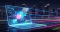 Futuristic AI Laptop Interface with Neon Data Streams in Smart City at Night Royalty Free Stock Photo