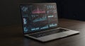 Futuristic Laptop Displaying Advanced Data Analytics Financial Charts and Infographic Interface Interface on Dark Background Royalty Free Stock Photo
