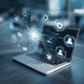 Futuristic Laptop Displaying Advanced Digital Interface with Data Visualizations and Networking Elements in a Modern Workspace Royalty Free Stock Photo