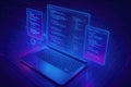 Futuristic laptop displaying code on multiple screens with digital circuits coding programming Royalty Free Stock Photo