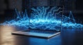 Futuristic laptop displaying digital data streams and energy waves Royalty Free Stock Photo