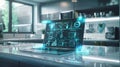 Futuristic laptop displaying smart home technology interfaces on kitchen counter Royalty Free Stock Photo