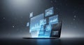 Futuristic laptop displaying glowing blue holographic data charts and graphs on a dark background Keywords: laptop Royalty Free Stock Photo