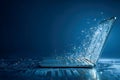 Futuristic laptop emitting glowing digital particles with circuit patterns blending into a high-tech electronic surface under cool Royalty Free Stock Photo