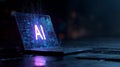 Futuristic laptop with glowing AI text, digital rain effect, dark background, technology innovation, artificial intelligence Royalty Free Stock Photo