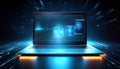 Futuristic laptop with a glowing screen on a dark background, suitable for high-tech mockups. Generative AI Royalty Free Stock Photo