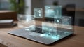 Futuristic laptop hologram screen virtual interface data analytics digital dashboard cyber technology modern workspace innovation Royalty Free Stock Photo
