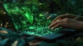 Futuristic laptop with holographic green leaf display in jungle setting symbolizing technology and nature integration Royalty Free Stock Photo