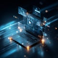 Futuristic Laptop Interface with Dynamic Data Displays and High-Tech Visual Elements in a Dark Environment Royalty Free Stock Photo