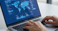 Futuristic Laptop Interface with Global Data Visualization and Interconnected Routes on Screen Royalty Free Stock Photo