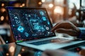 Futuristic laptop interface with hand interaction, digital technology illustration Royalty Free Stock Photo