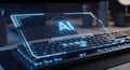 Futuristic laptop keyboard illuminated with artificial intelligence concept display Royalty Free Stock Photo