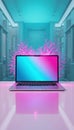 Futuristic Laptop with Neon Abstract Background Royalty Free Stock Photo