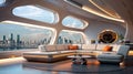 Futuristic large Living room in refined style mainly in cream color with some curved lines for warm lighting and a large view