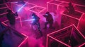 Futuristic Laser Tag Arena with Players in Action. Neon Lights and Smoke. Exciting Game, Entertainment Concept. AI Royalty Free Stock Photo
